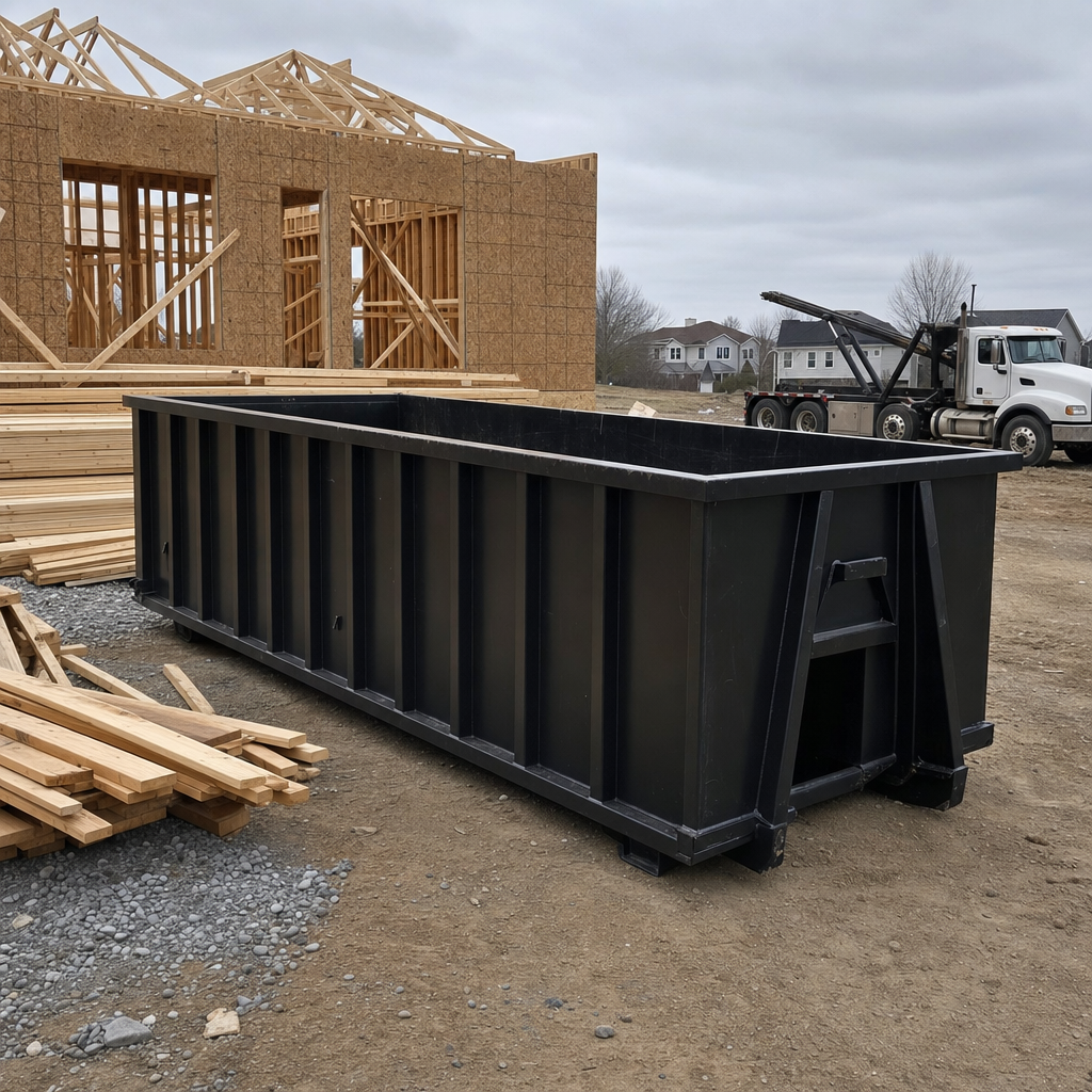 Matte-black 40-yard roll-off dumpster staged on a framed-out residential construction site in Pawtucket, framing lumber stacked nearby, hooklift delivery truck visible in the background under bright Colorado daylight