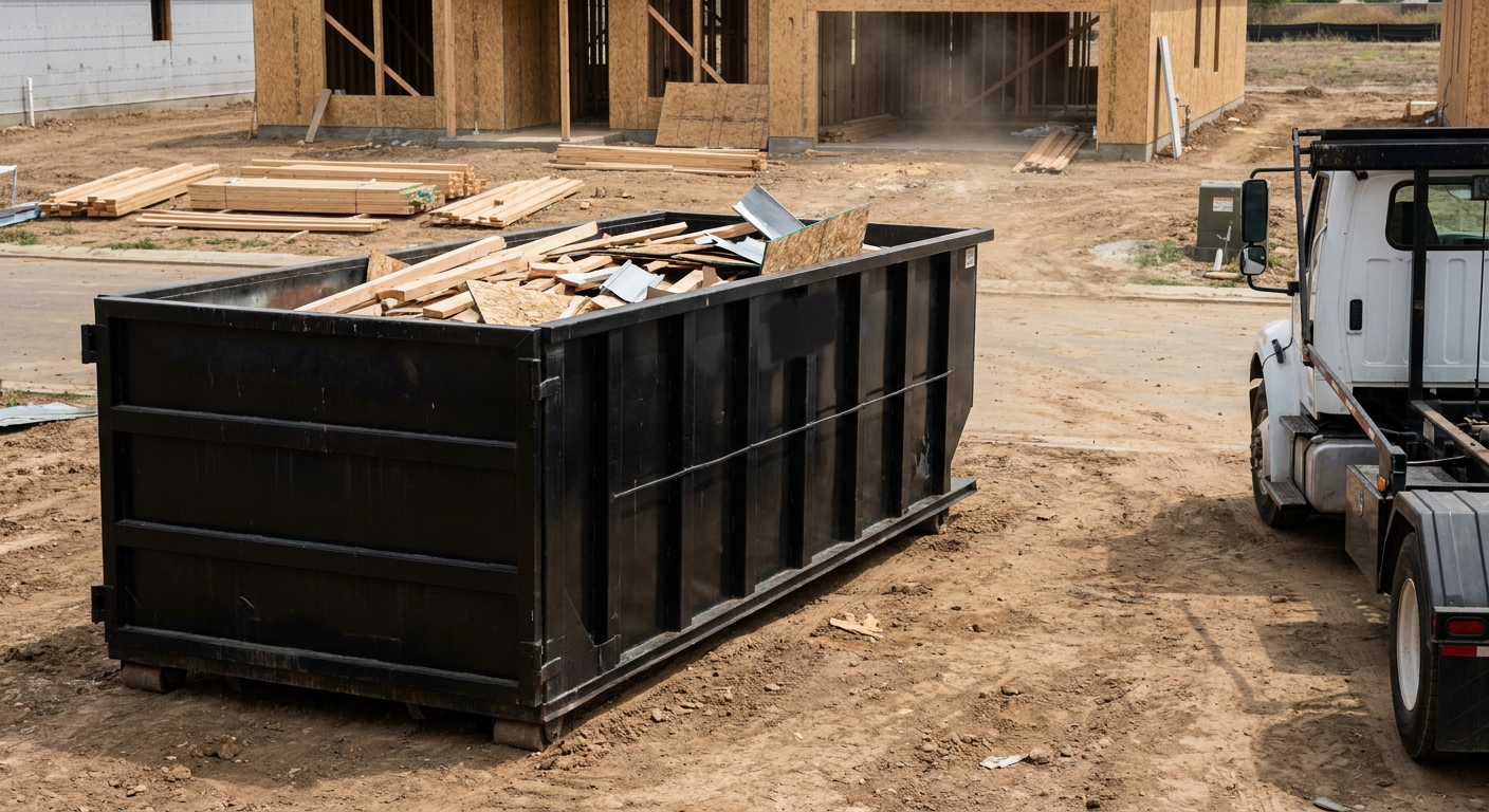 Matte-black 20-yard roll-off construction dumpster with heavy ribbed steel sidewalls and swing rear doors at a working jobsite in Pawtucket, sitting directly on compacted dirt with an unmarked white hauler partially visible at the far edge of the frame.