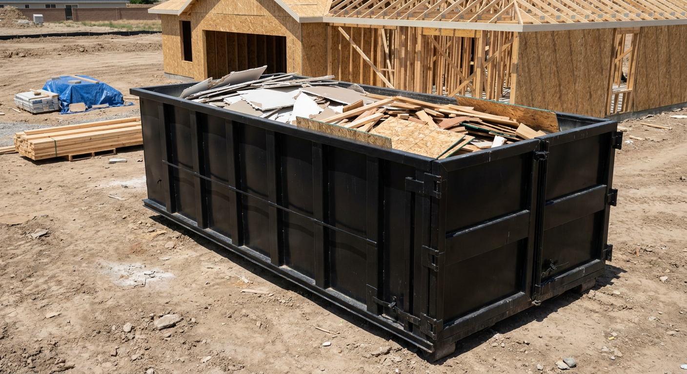 Matte-black 30-yard roll-off construction dumpster sitting directly on the compacted-dirt site of a framed single-family home build in Pawtucket, drywall and lumber scrap loaded inside.
