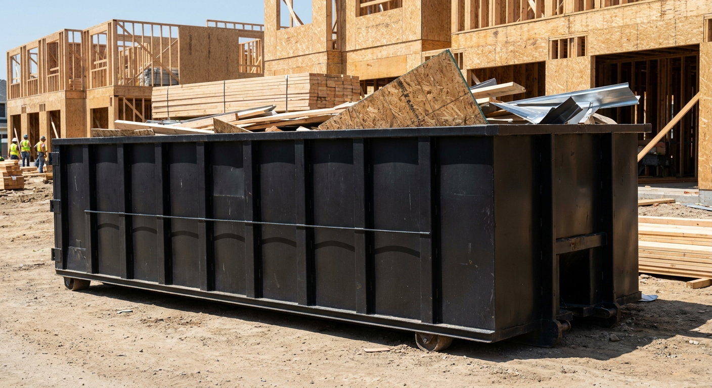 Matte-black 40-yard roll-off construction dumpster being lowered from a white-cab hooklift delivery truck onto the compacted-dirt jobsite at a commercial build site in Pawtucket