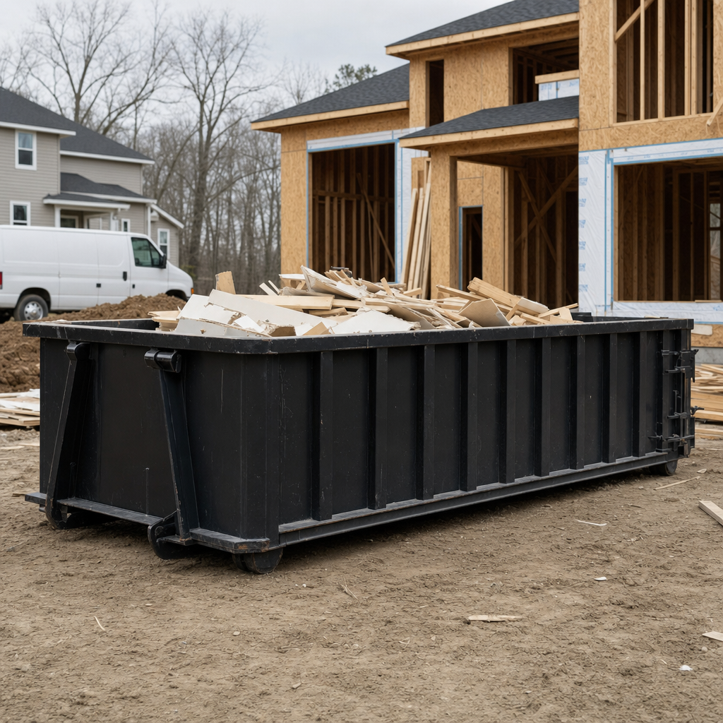 Worker in a yellow high-visibility vest tossing framing lumber and broken drywall into a matte-black 30-yard construction roll-off dumpster on an active build site in Pawtucket, bright daylight