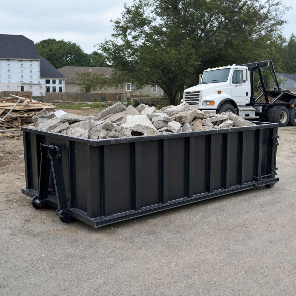 Low-profile matte-black lowboy roll-off dumpster loaded with broken concrete slab and rebar at a foundation tear-out in Pawtucket, skid steer parked beside it, sunny Colorado morning