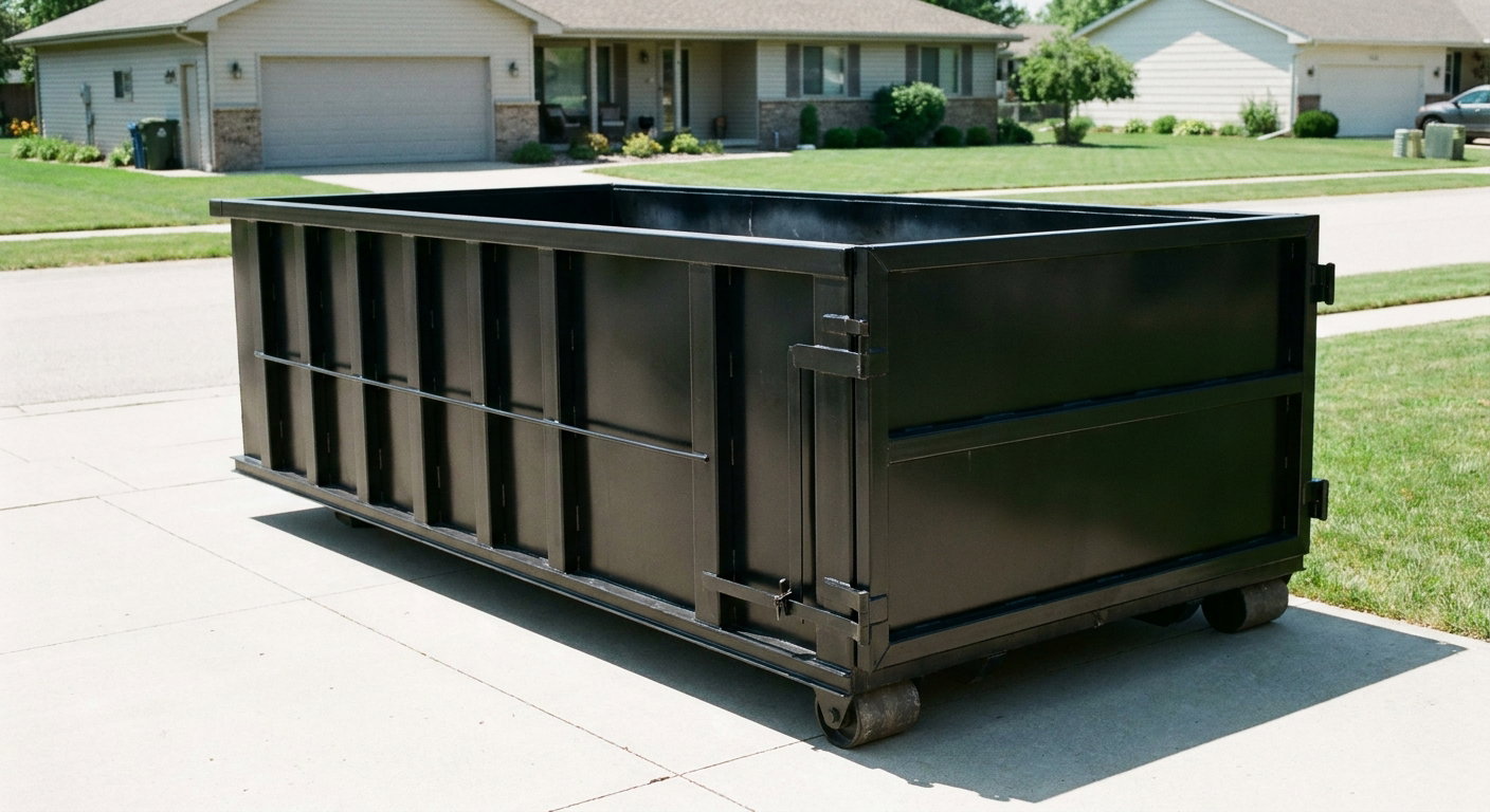 Matte-black 10-yard roll-off dumpster on a residential concrete driveway in Pawtucket, uniformly painted matte black across every panel and rail, ribbed steel sidewalls and rear swing door visible, mid-day daylight.