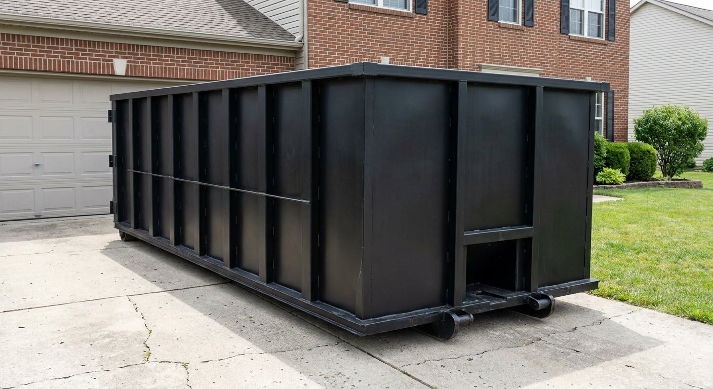 Matte-black 20-yard roll-off container on a Pawtucket residential concrete driveway with reinforced ribbed steel sidewalls and a hinged rear walk-in door, clean bright daylight.