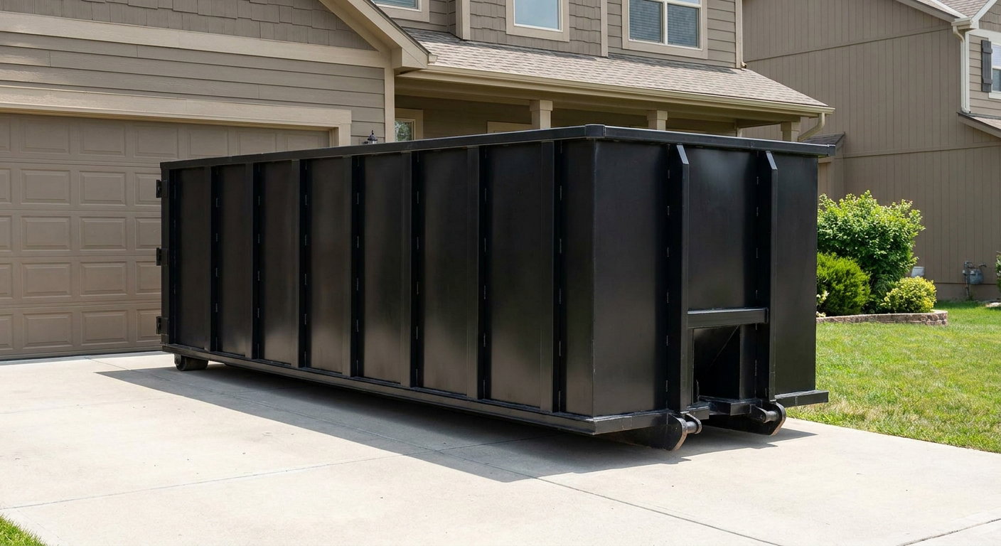 Matte-black residential roll-off dumpster sitting directly on a suburban Pawtucket concrete driveway, garage door closed, single-family home in background, bright morning daylight.