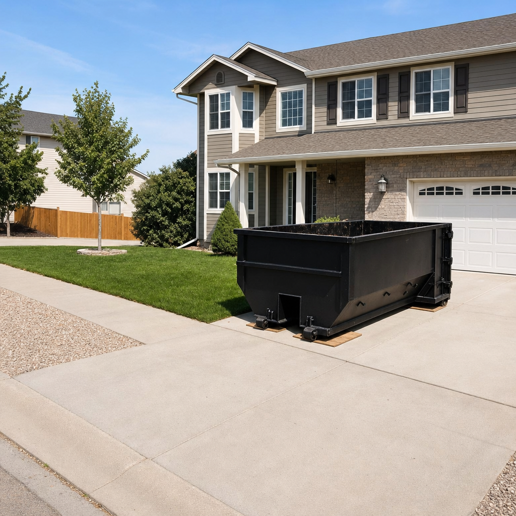 10-yard matte-black residential dumpster placed directly on a narrow Pawtucket concrete driveway, room remains for a parked sedan beside it, mid-morning natural light