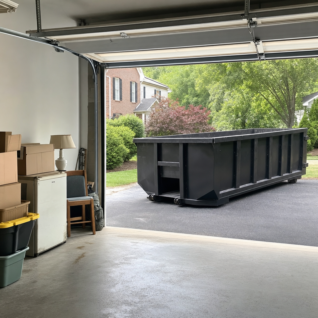 Open garage interior in a Pawtucket home mid-cleanout — boxed items, an old appliance, and stacked yard tools queued near the driveway for a matte-black roll-off dumpster, organized and calm