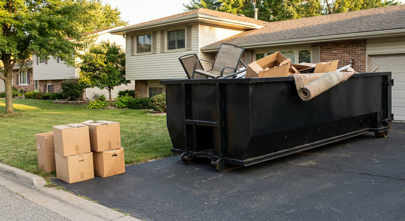 Front-yard view of a Pawtucket split-level home with a 20-yard matte-black roll-off dumpster sitting directly on the asphalt driveway, a few clearly labeled donation boxes staged at the curb, calm sunny afternoon.