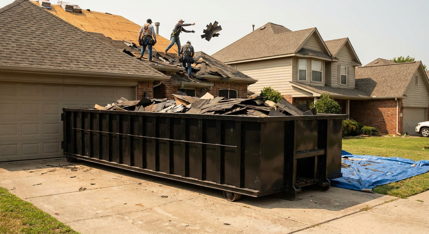 Matte-black roofing roll-off dumpster placed directly on a Pawtucket residential concrete driveway, a tear-off crew on a two-story asphalt-shingle roof tossing shingle bundles into the low-walled container, bright daylight, documentary 35mm perspective.