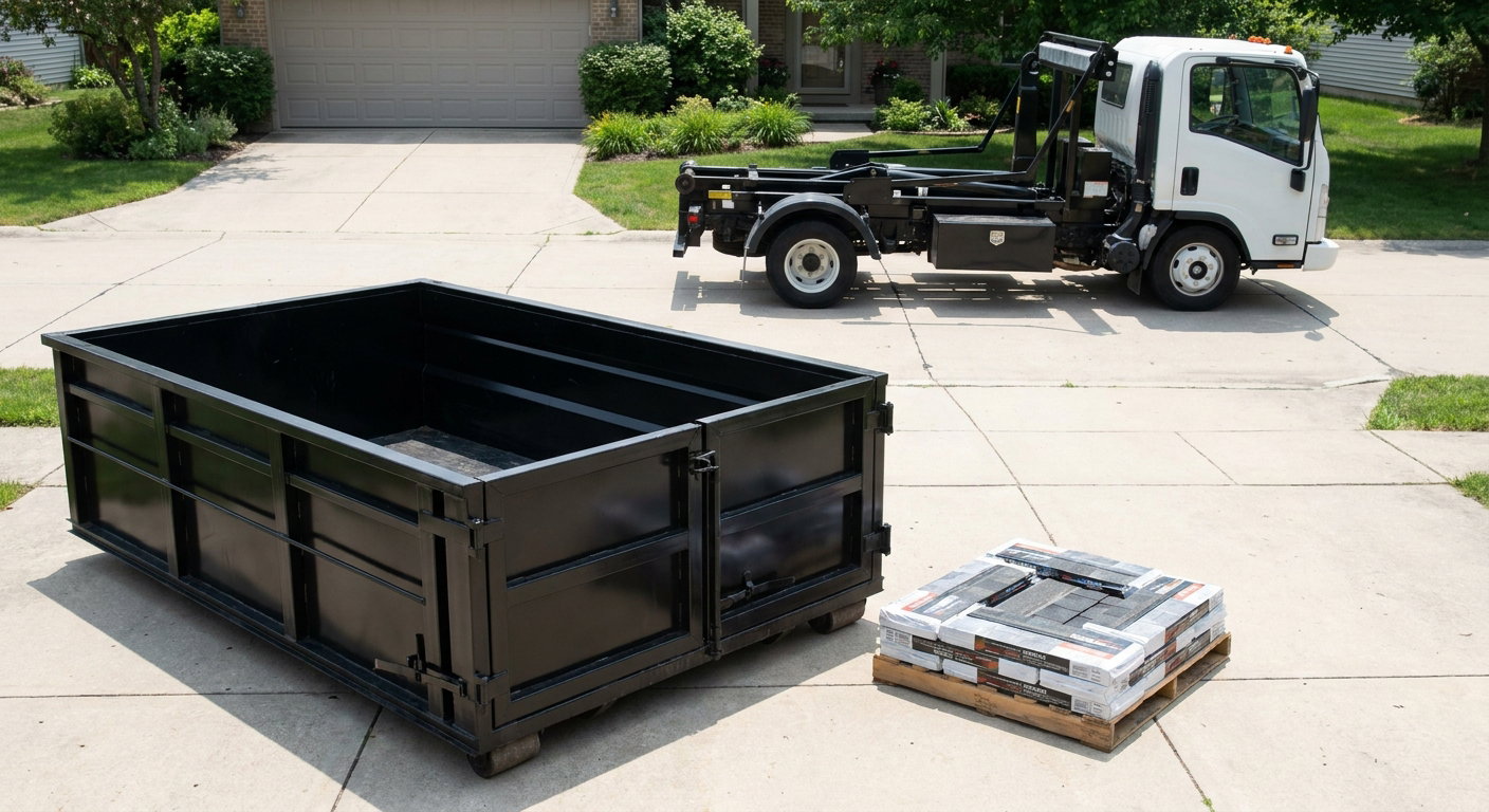 Matte-black 15-yard roofing roll-off dumpster with reinforced low side walls sitting directly on a Pawtucket residential concrete driveway, three-tab asphalt shingle bundles stacked nearby, an unmarked white hauler truck partially visible at the edge of the frame.