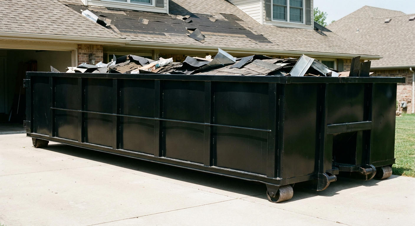 Matte-black 20-yard roofing roll-off dumpster with steel ribbed sides and swinging rear door, sitting directly on the concrete driveway of a two-story Pawtucket home, asphalt shingle debris being loaded over the low wall, clean documentary lighting.