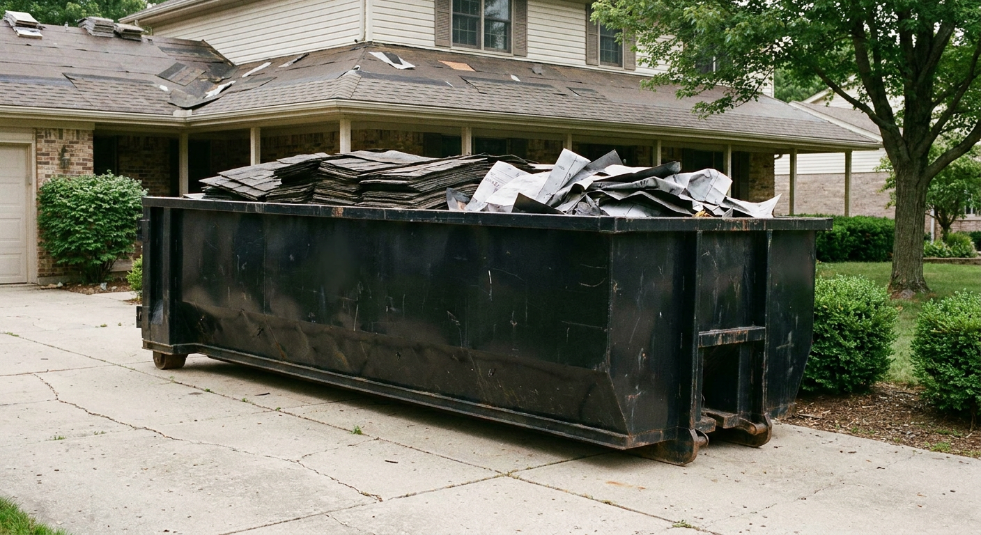 Matte-black 30-yard roofing roll-off dumpster sitting directly on a Pawtucket concrete driveway, taller ribbed steel side panels, mixed tear-off debris of asphalt shingles and underlayment inside, professional documentary daylight.