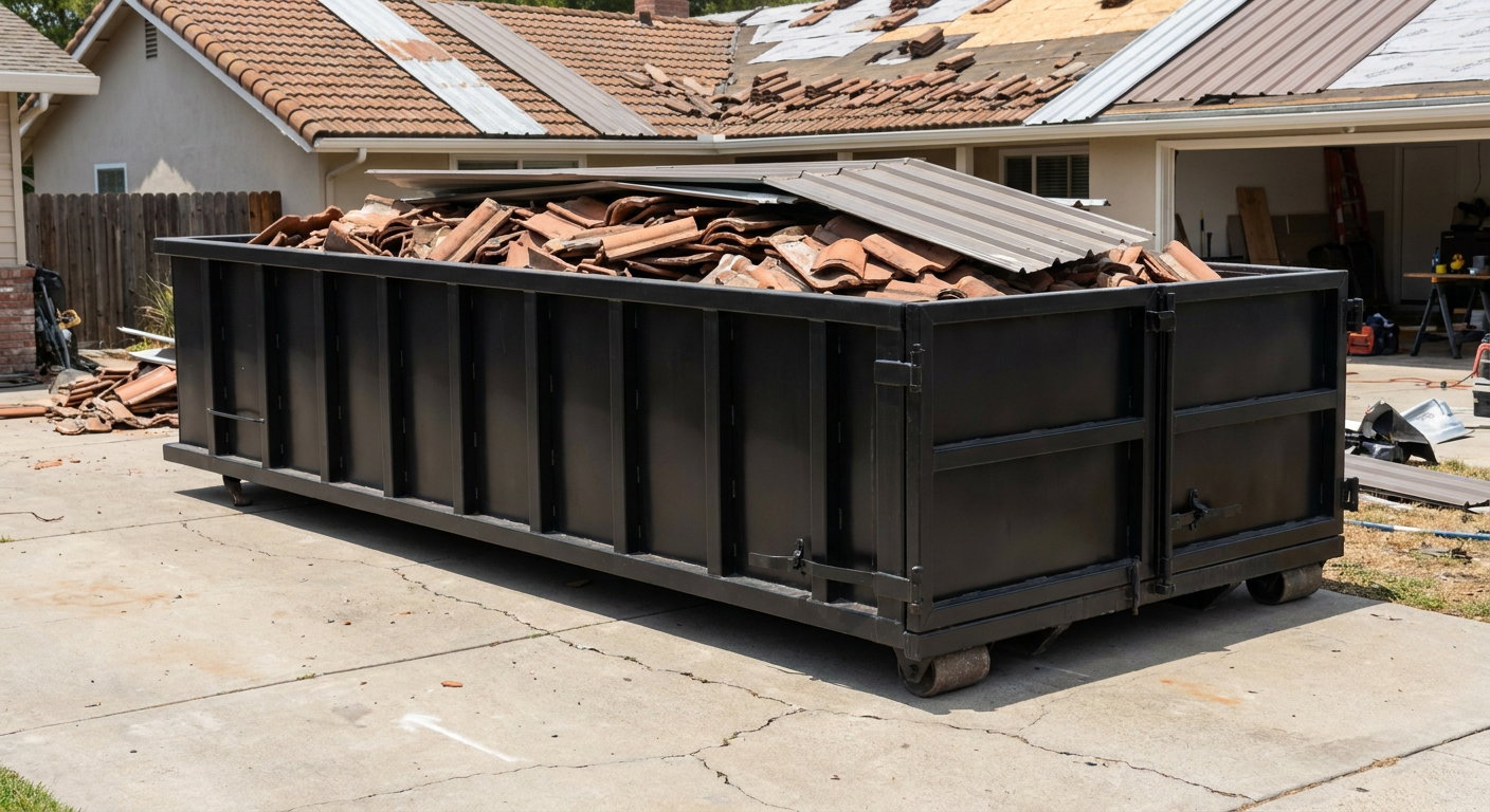 Matte-black low-wall heavy-debris roofing roll-off dumpster sitting directly on a Pawtucket concrete driveway, broken concrete clay roof tiles and metal panel sections loaded inside, reinforced ribbed steel side walls visible, bright outdoor daylight.