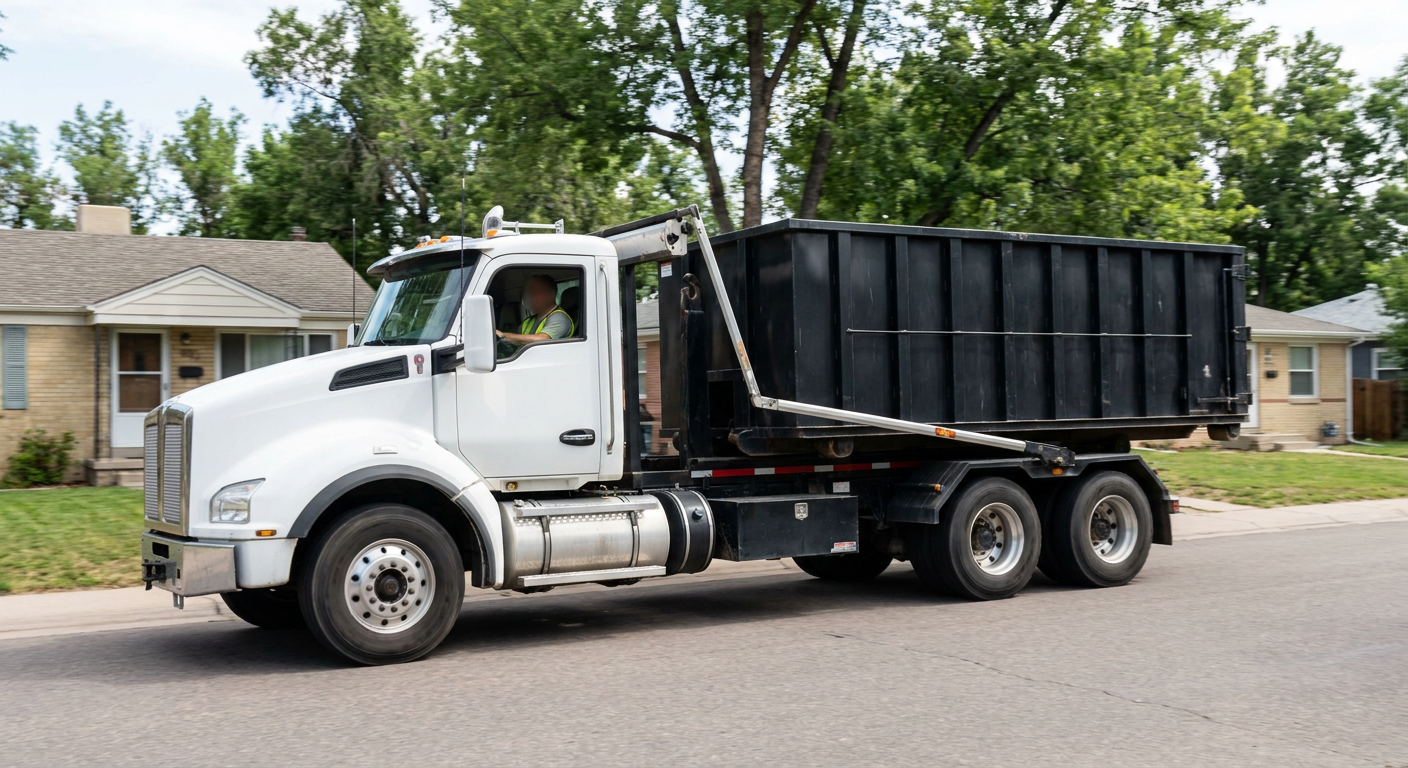 A wide documentary shot of a matte-black roll-off delivery truck pulling onto a quiet Pawtucket residential street at mid-morning, with neighborhood rooftops and tree-lined blocks visible behind, showing the metro coverage footprint.
