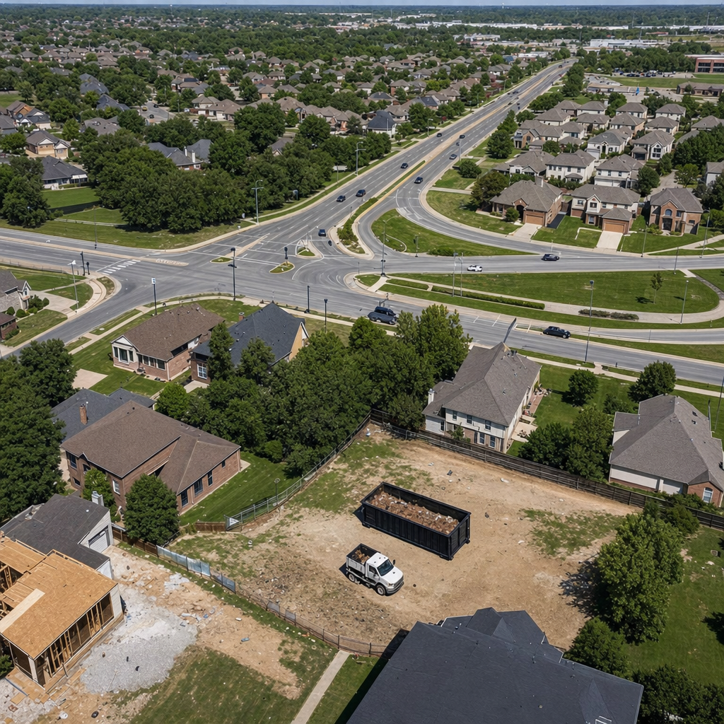 An overhead documentary view of the Pawtucket metro area at midday, showing the spread of neighborhoods, arterial roads, and the dispatch radius from a central yard — clean daylight, organized geographic layout.
