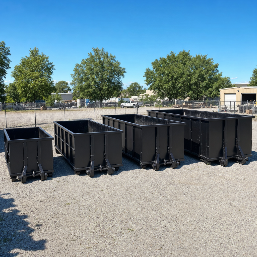 A clean lineup of matte-black roll-off dumpsters in 10, 20, 30, and 40-yard sizes staged on a sunlit gravel yard in Pawtucket, showing the size progression from compact to commercial-scale containers.
