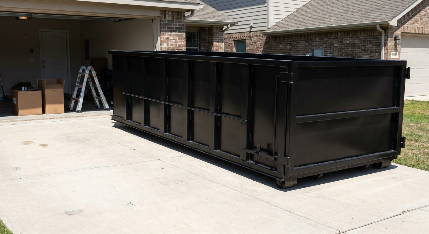 A matte-black 10-yard roll-off dumpster sitting directly on a residential Pawtucket concrete driveway, mid-day sunlight, clean and ready for a garage cleanout.