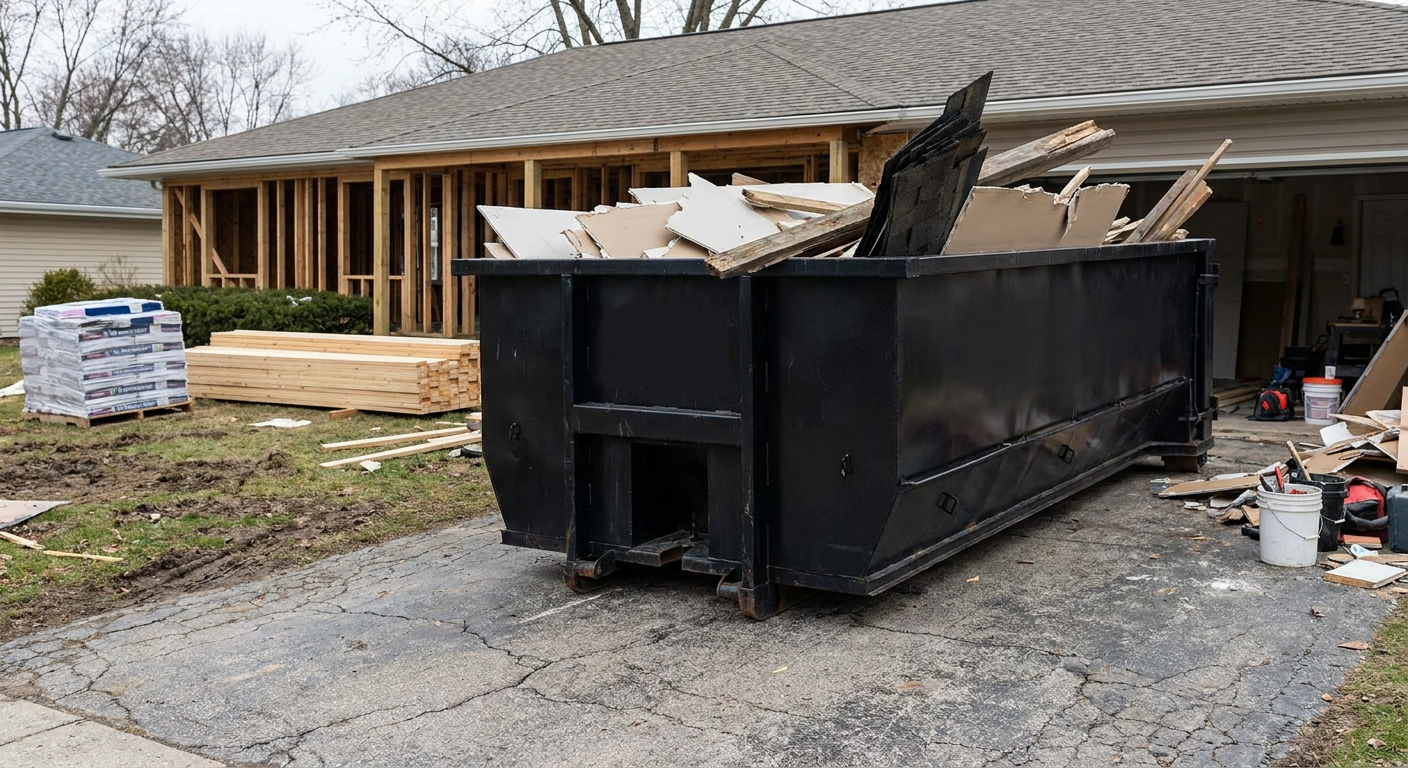 A matte-black 20-yard roll-off dumpster placed alongside a mid-renovation Pawtucket home directly on the asphalt driveway, with framing materials and torn-off shingles staged neatly nearby.
