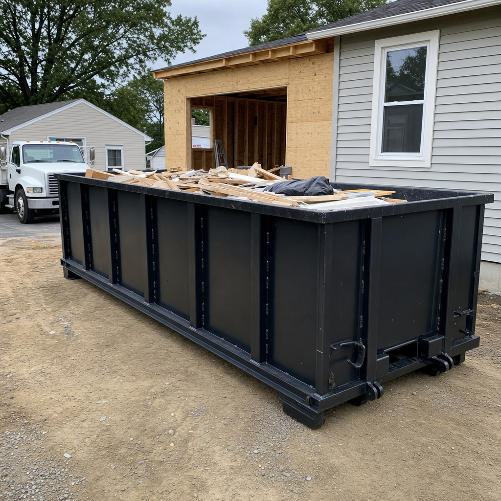 A matte-black 30-yard roll-off dumpster positioned at a Pawtucket residential addition jobsite, with framing lumber and drywall scraps loaded through the open swinging rear doors.