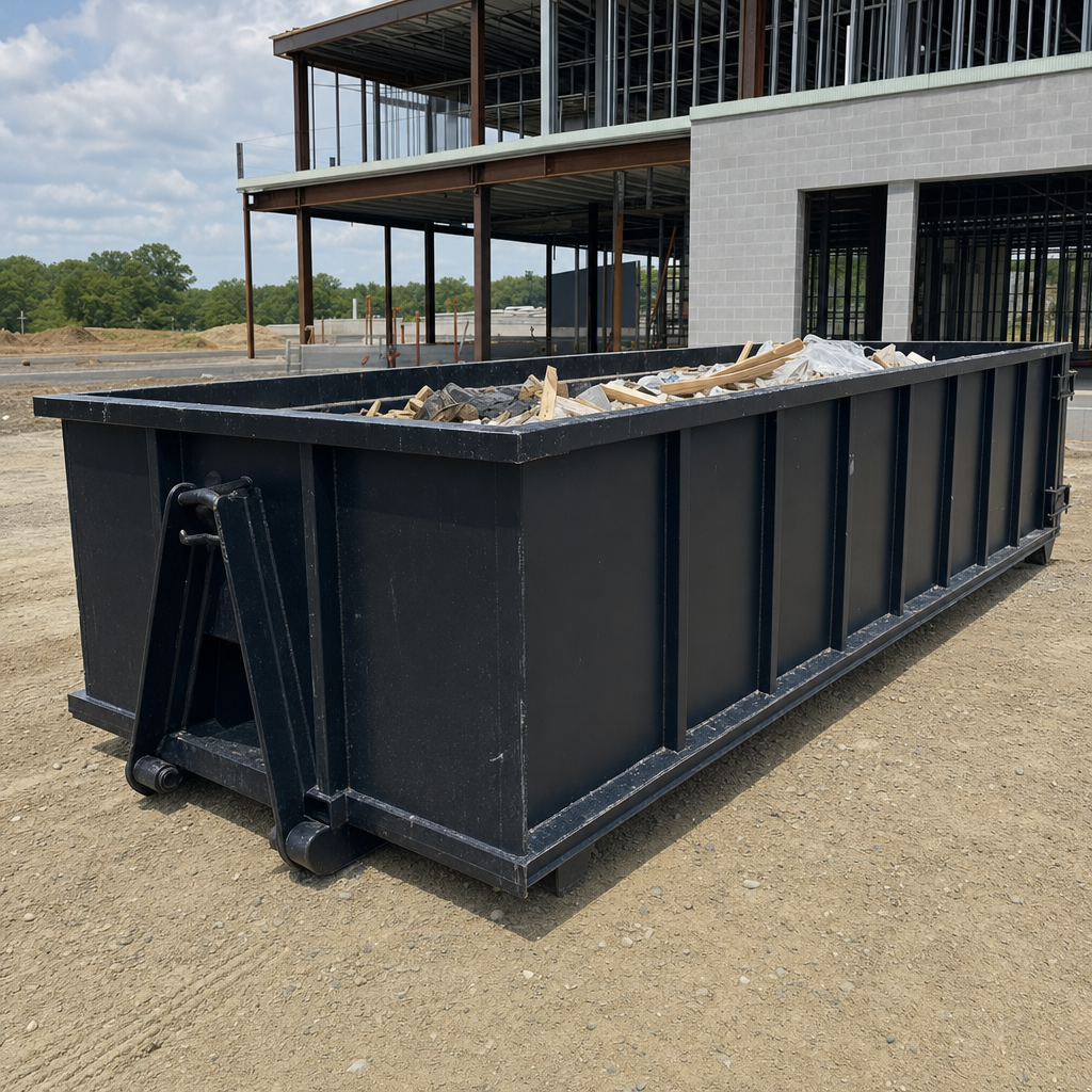 A matte-black 40-yard roll-off dumpster staged on a large Pawtucket commercial construction lot, with a hooklift delivery truck parked alongside under bright midday sky.