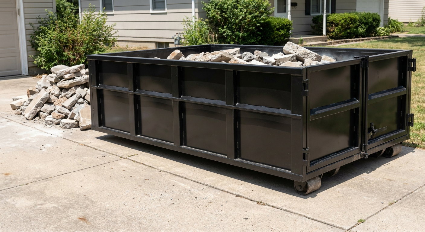 A matte-black low-side heavy-debris roll-off dumpster placed directly on a Pawtucket concrete driveway, with broken concrete chunks neatly stacked beside it under clean daylight.